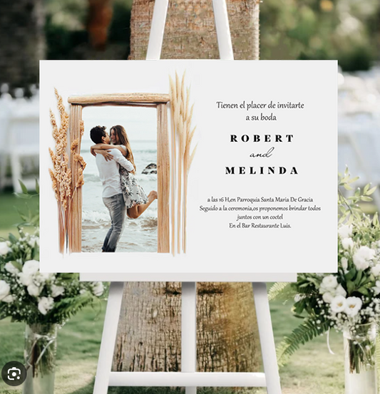 carteles de bienvenidas de cartón pluma para bodas con fotos caña