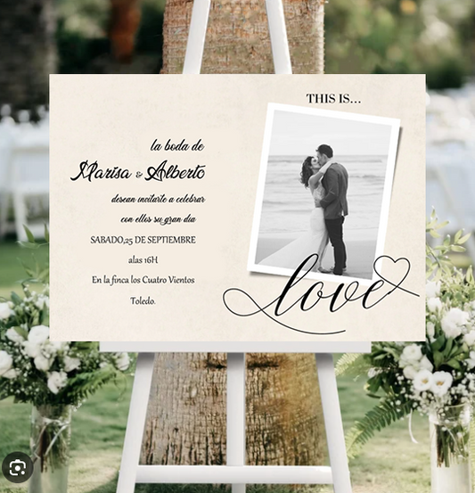 carteles de bienvenidas de cartón pluma para bodas con fotos love